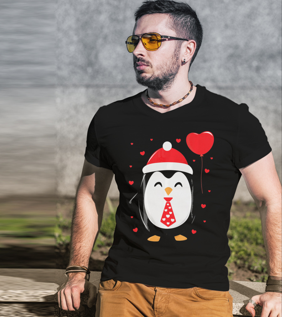Penguin Valentines Day Heart Balloon Santa Hat And Hearts T-Shirt