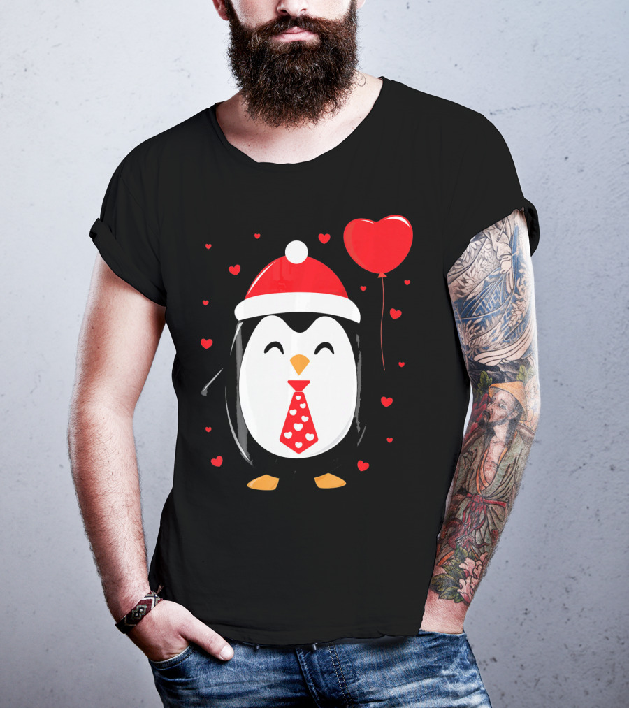 Penguin Valentines Day Heart Balloon Santa Hat And Hearts T-Shirt