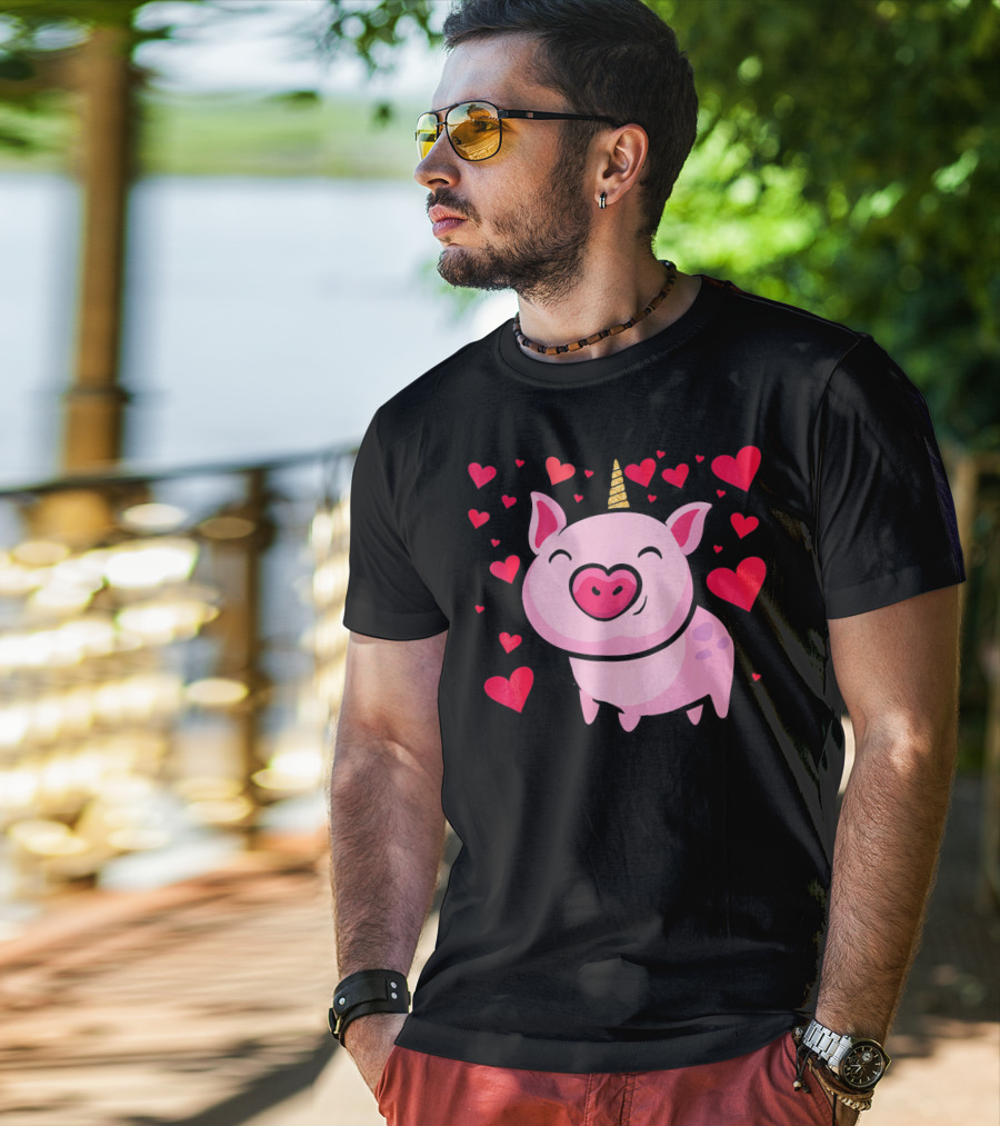 Pigacorn Valentine Unicorn Pig With Hearts For Lovers T-Shirt