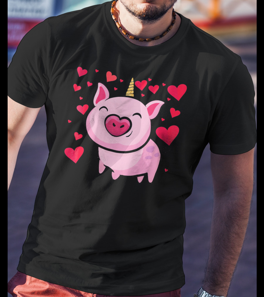 Pigacorn Valentine Unicorn Pig With Hearts For Lovers T-Shirt