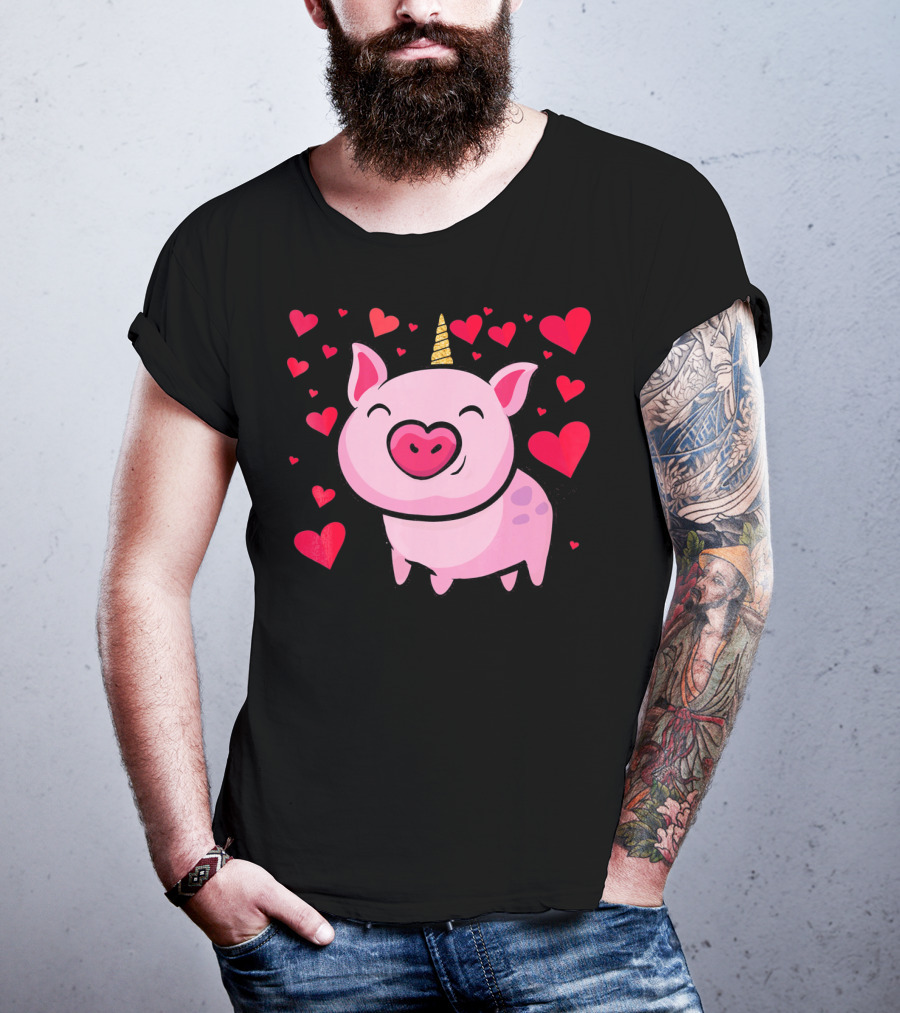 Pigacorn Valentine Unicorn Pig With Hearts For Lovers T-Shirt