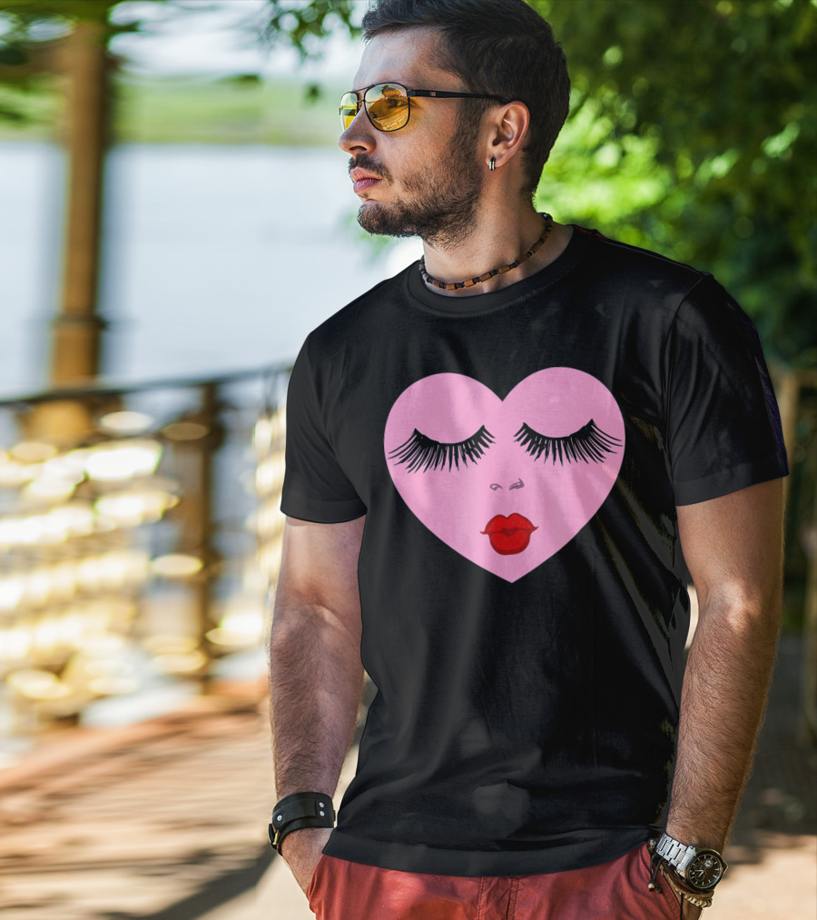 Pink Heart With Eyelashes And Red Lips Valentine T-Shirt