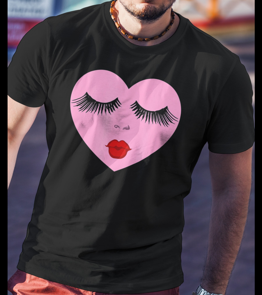 Pink Heart With Eyelashes And Red Lips Valentine T-Shirt