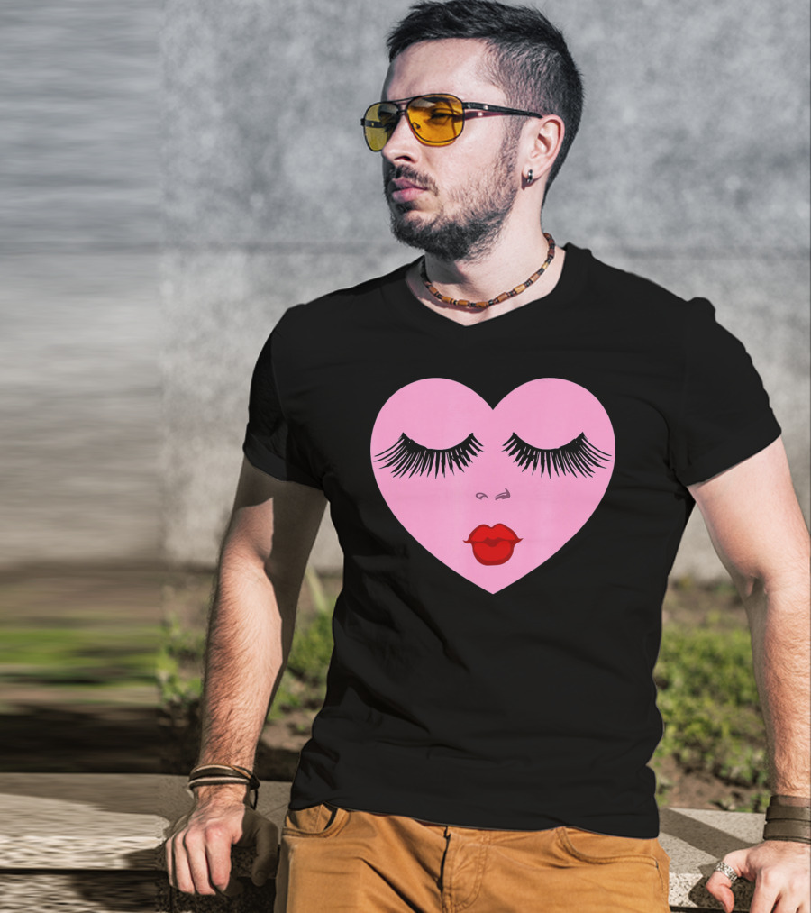Pink Heart With Eyelashes And Red Lips Valentine T-Shirt