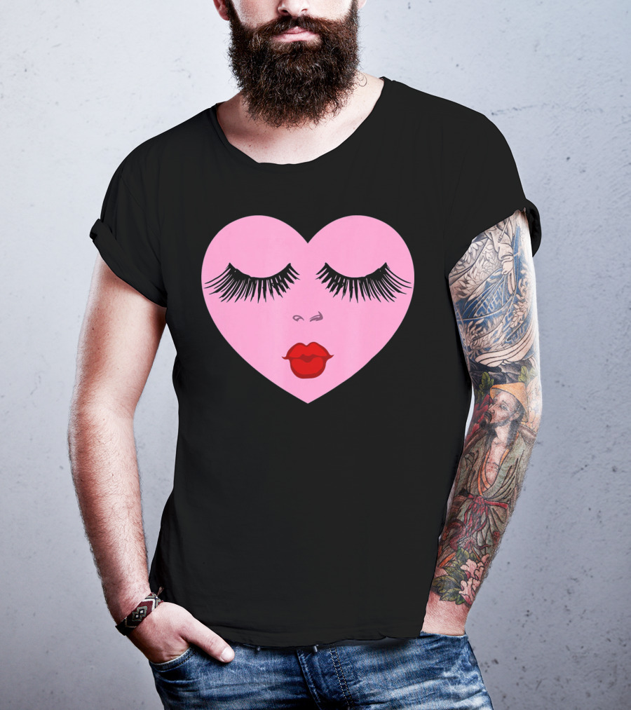 Pink Heart With Eyelashes And Red Lips Valentine T-Shirt