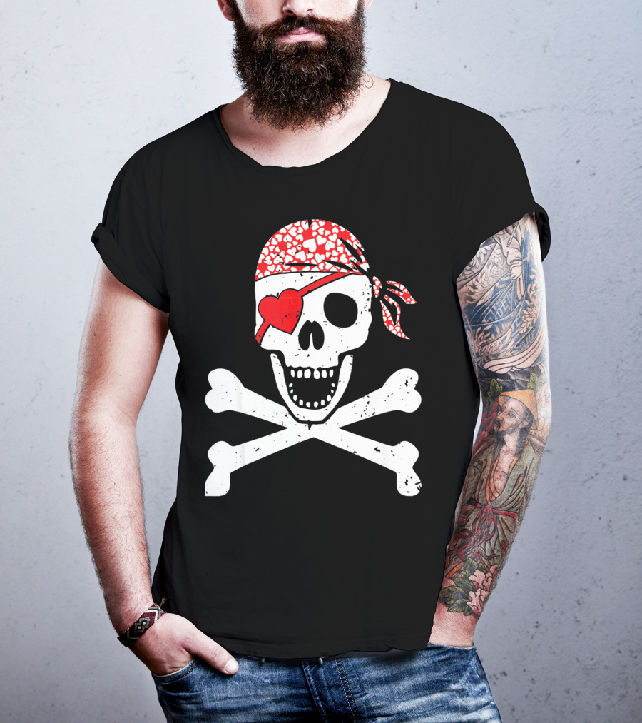 Pirate Skull And Crossbones Heart Bandana Eye Patch Flag Va T-Shirt