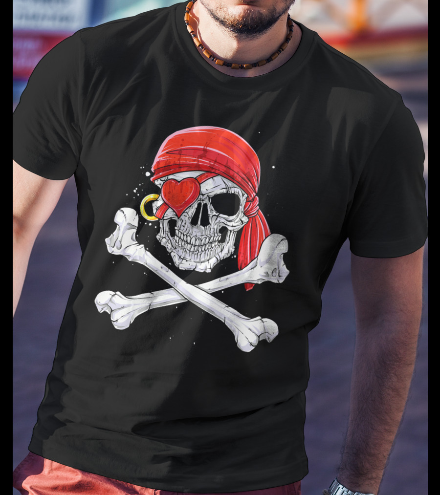 Valentine Pirate Skull With Heart Eye Patch And Crossbones T-Shirt