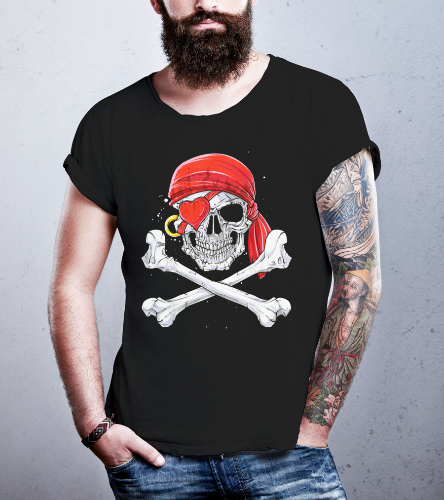 Valentine Pirate Skull With Heart Eye Patch And Crossbones T-Shirt