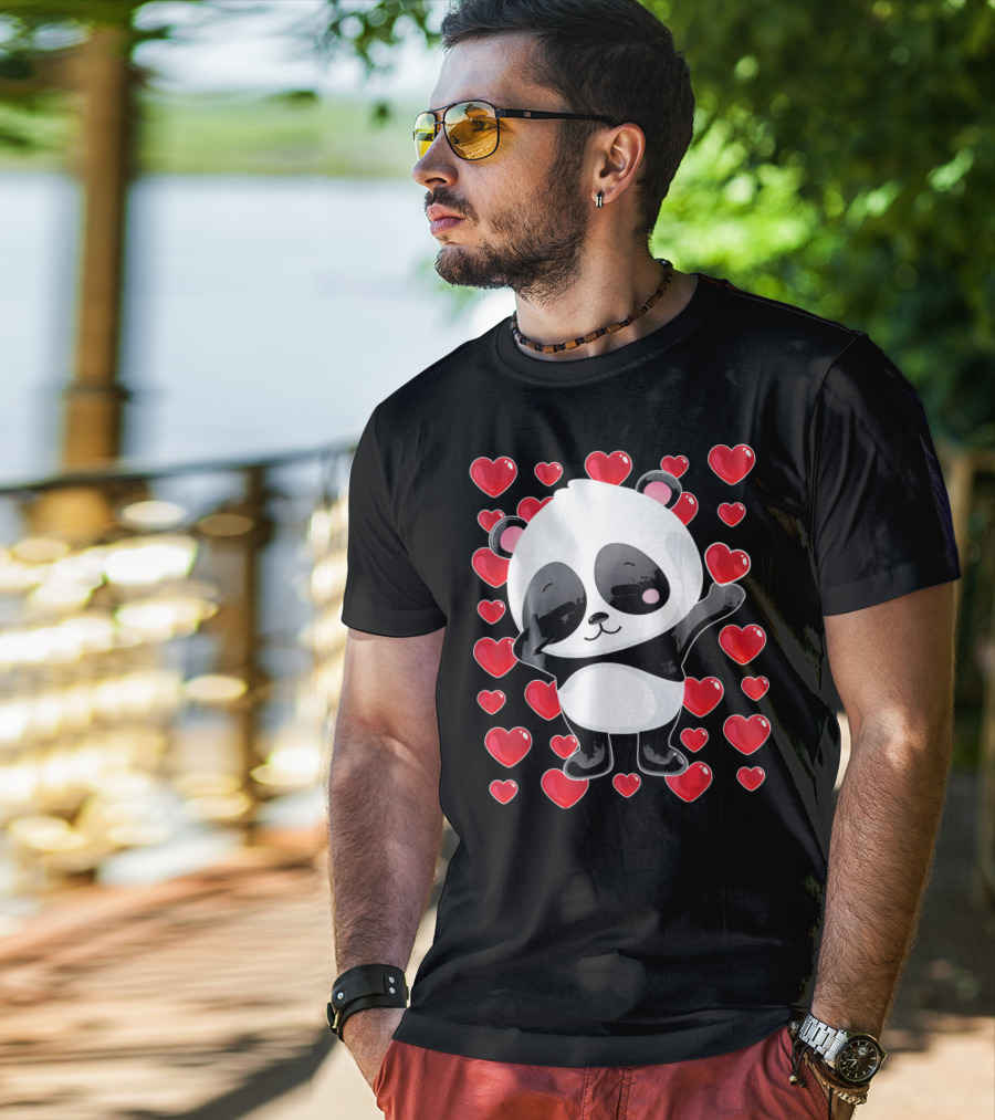 Panda Surrounded By Hearts For Valentines Day T-Shirt