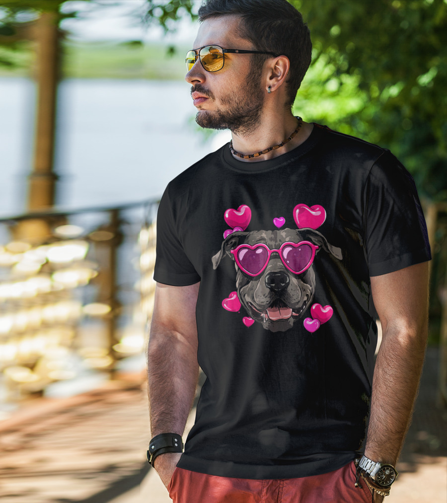 Pit Bull Heart Sunglasses Valentines Day Dog With Hearts T-Shirt