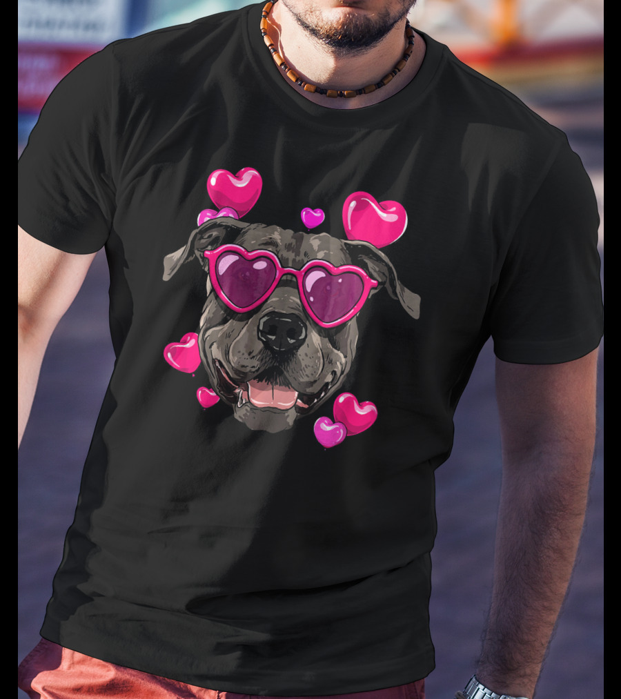 Pit Bull Heart Sunglasses Valentines Day Dog With Hearts T-Shirt