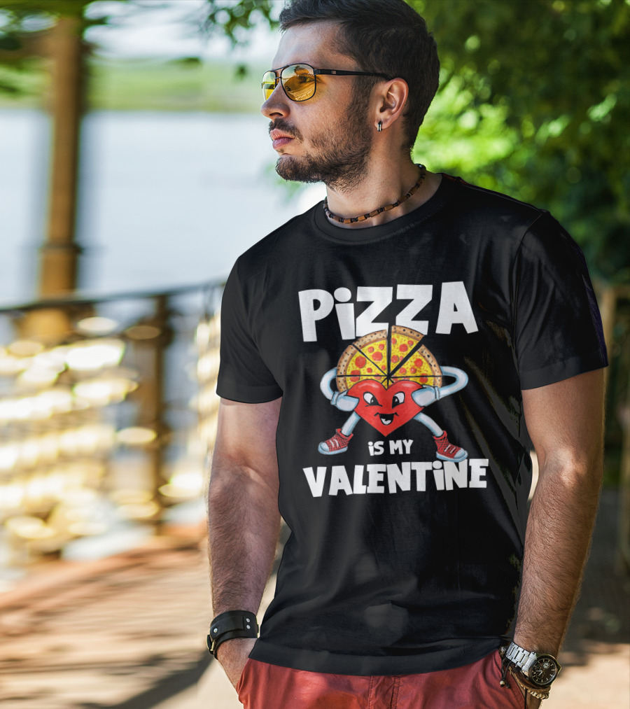 Pizza Is My Valentine Comic Heart Character With Pizza Slice Valentine’s Day T-Shirt