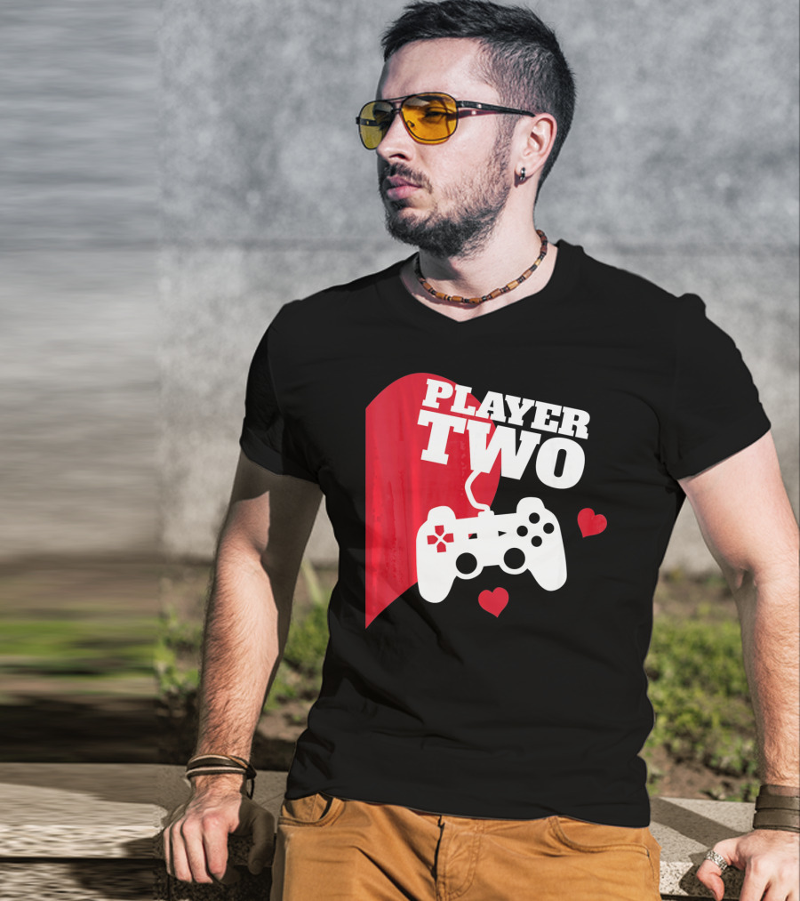 Player Two Valentine With Game Controller And Hearts T-Shirt