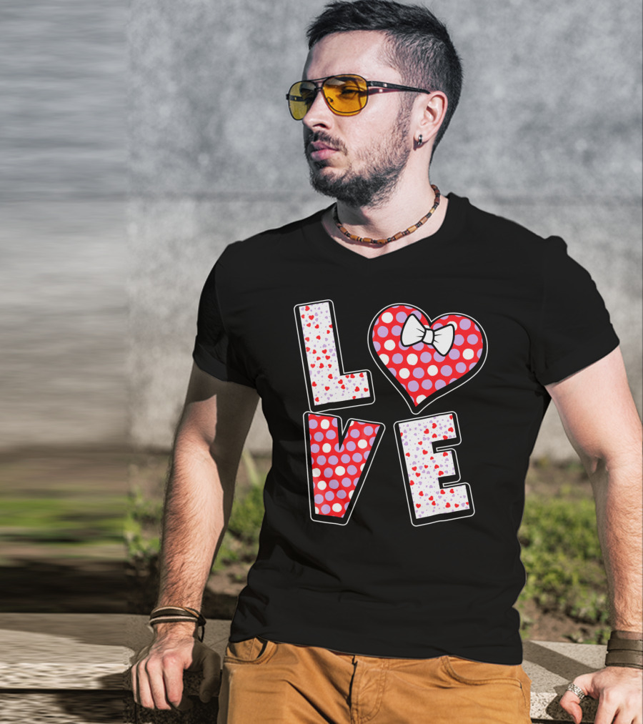 LOVE Polka Dot Heart Bow Tie Valentines T-Shirt