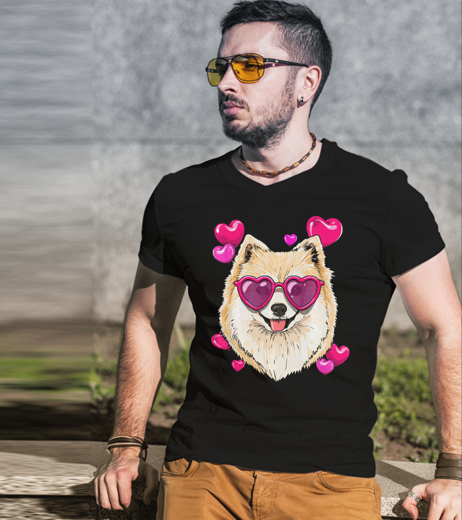 Pomeranian Valentines Day Heart Sunglasses Love Dog T-Shirt