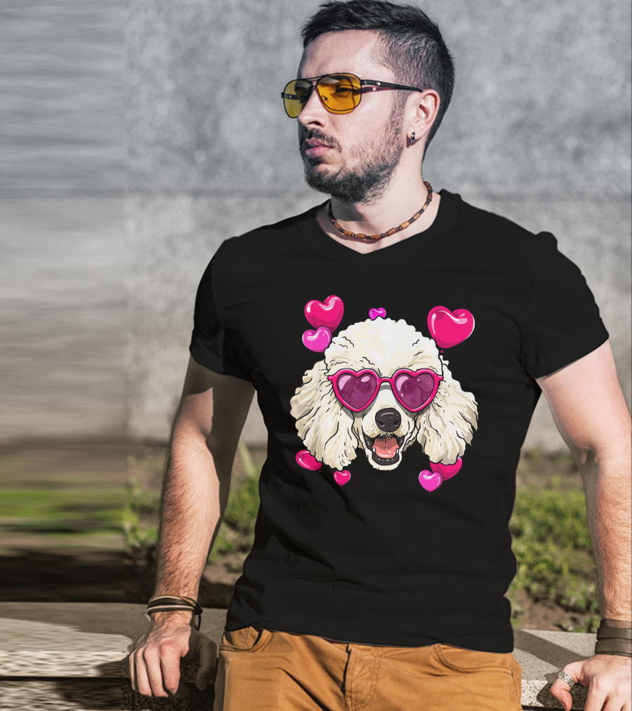 Poodle Valentines Day Heart Glasses Cute Dog T-Shirt