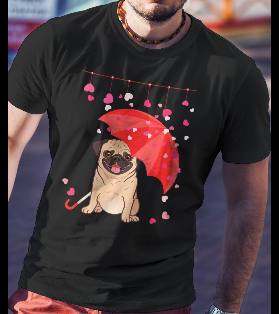 Pug With Umbrella And Falling Hearts Valentine's Day T-Shirt