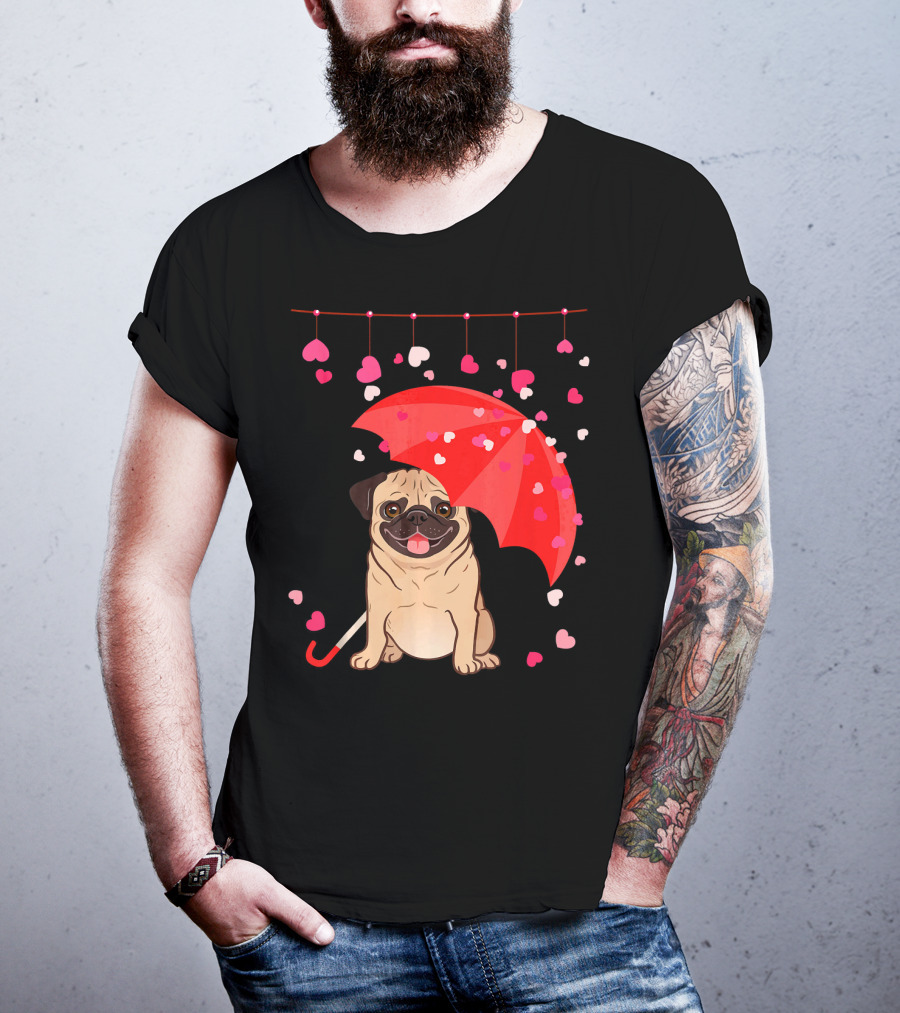 Pug With Umbrella And Falling Hearts Valentine's Day T-Shirt