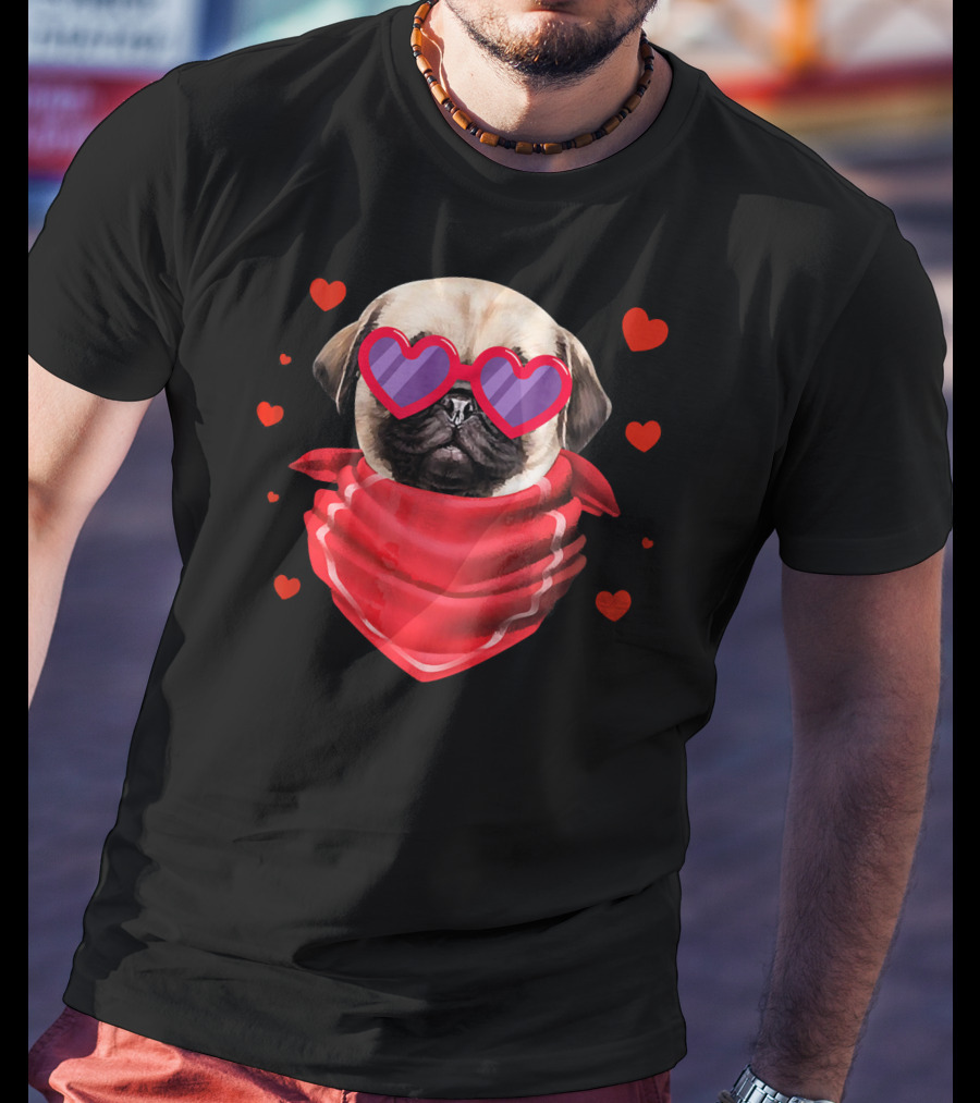 Pug Valentines Day Heart-Shaped Glasses And Bandana With Hearts T-Shirt