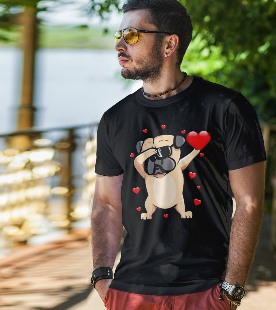 Pug Valentines Day Dabbing Love Dog With Hearts T-Shirt