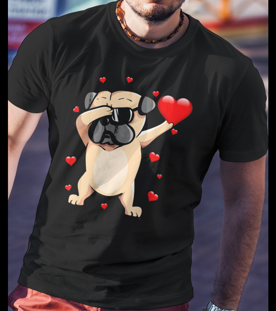Pug Valentines Day Dabbing Love Dog With Hearts T-Shirt