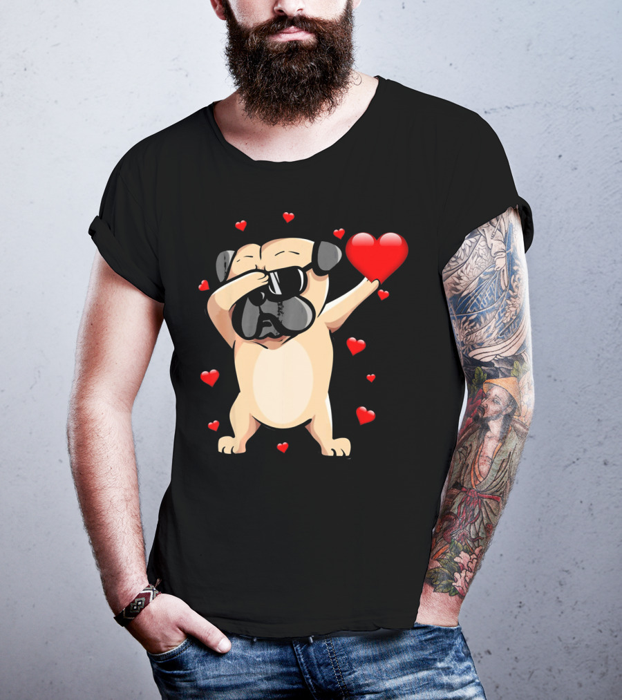 Pug Valentines Day Dabbing Love Dog With Hearts T-Shirt