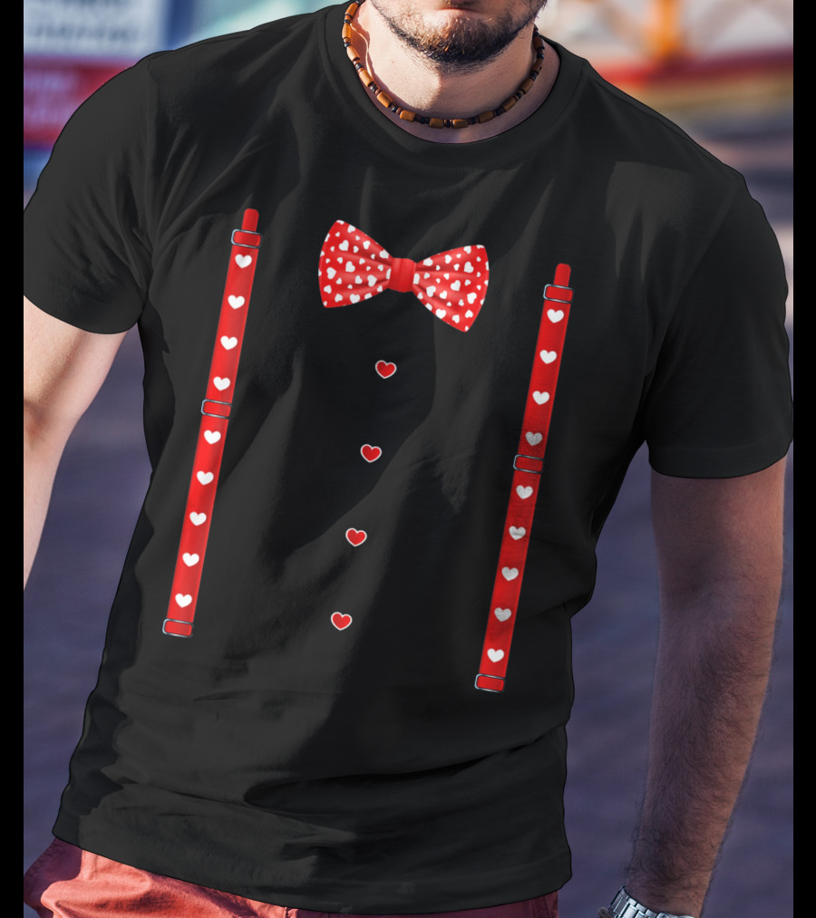 Red Hearts Bow Tie And Suspenders Valentine T-Shirt