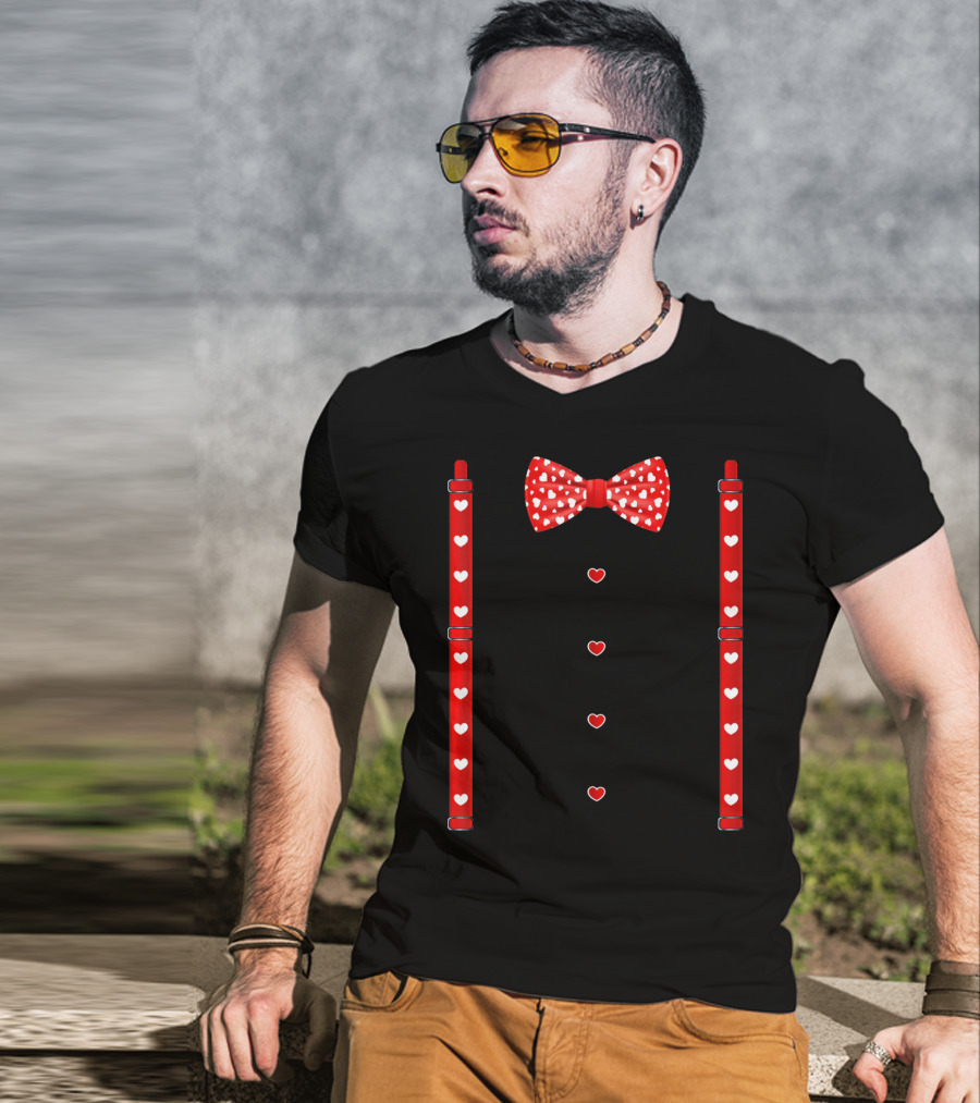 Red Hearts Bow Tie And Suspenders Valentine T-Shirt