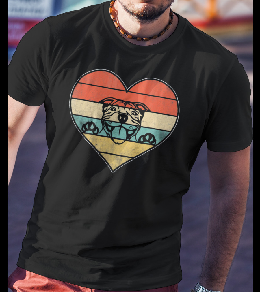 Retro Vintage Pit Bull Heart Valentine Stripes T-Shirt