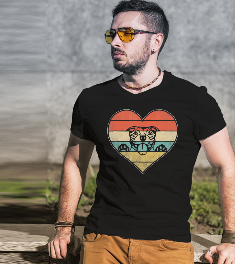 Retro Vintage Pit Bull Heart Valentine Stripes T-Shirt