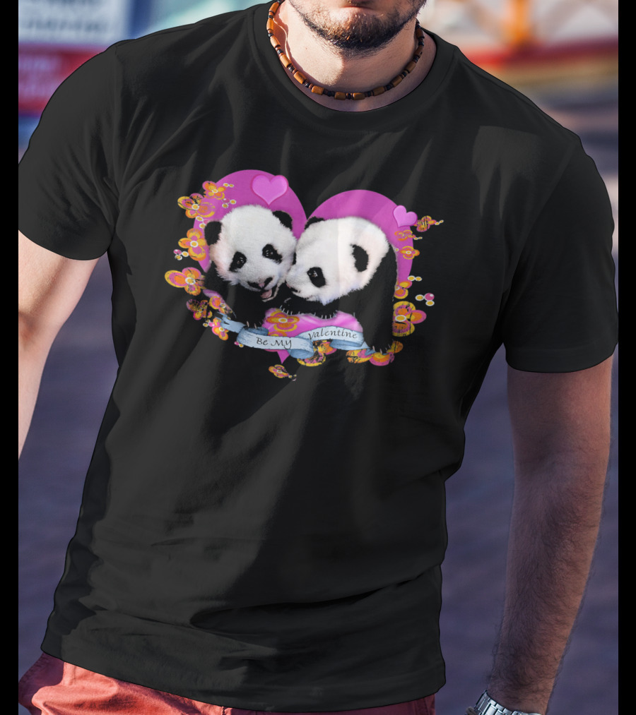 Be My Valentine Robert Campbell Panda Heart Pink Flowers T-Shirt