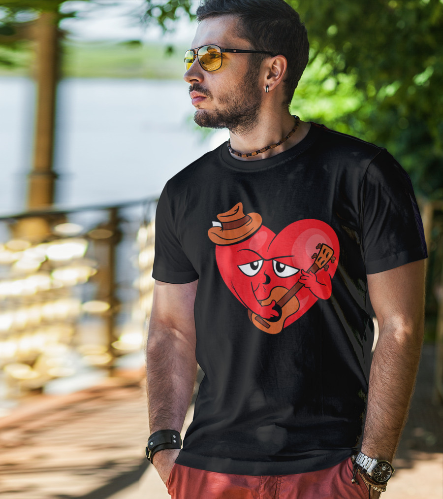 Heart Playing Guitar With Cowboy Hat Valentine's Day T-Shirt