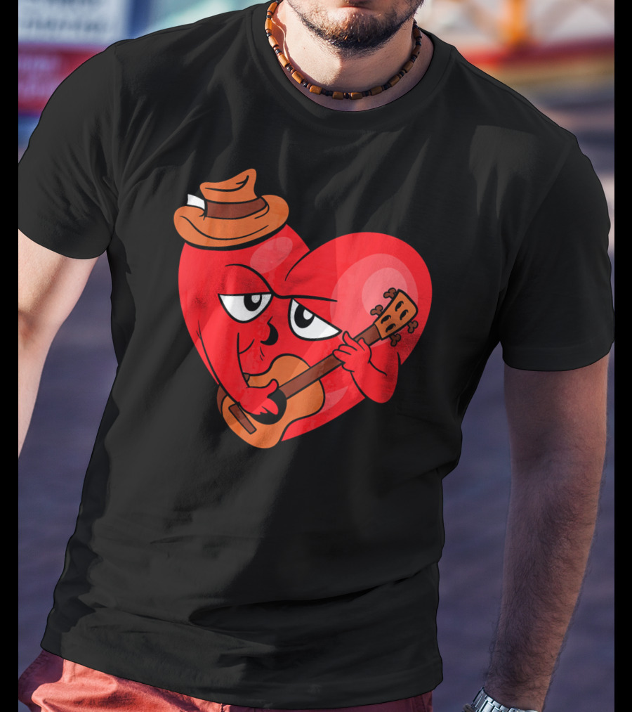Heart Playing Guitar With Cowboy Hat Valentine's Day T-Shirt