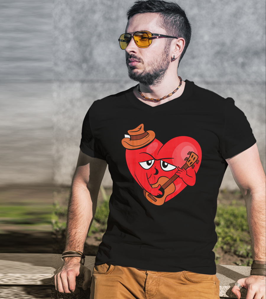 Heart Playing Guitar With Cowboy Hat Valentine's Day T-Shirt