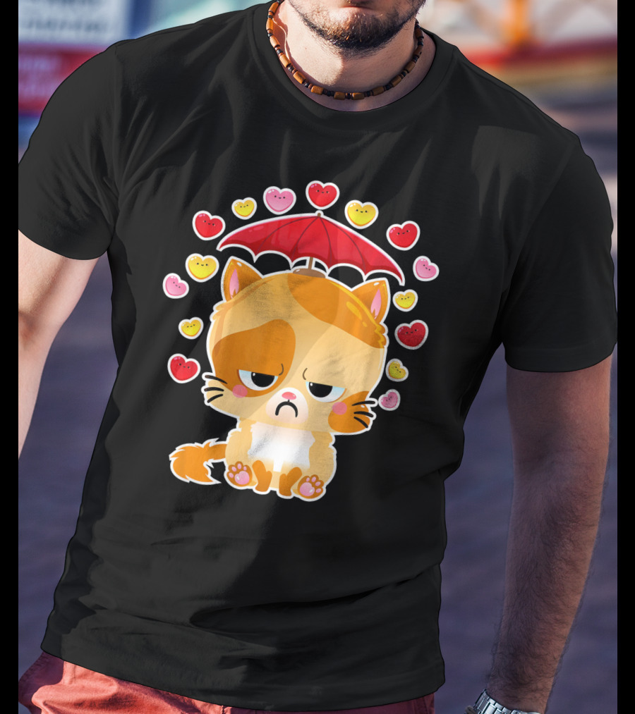Sad Cat Under Umbrella With Raining Hearts Valentine's Day T-Shirt