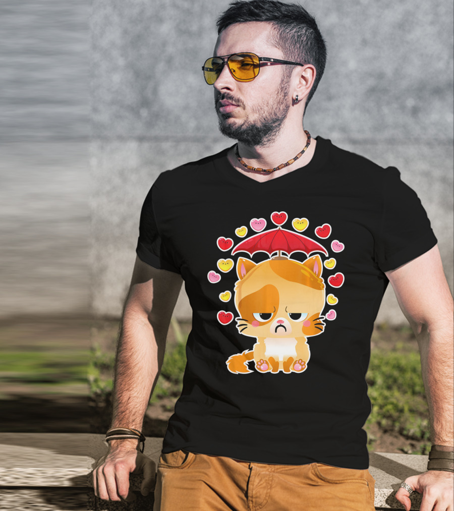 Sad Cat Under Umbrella With Raining Hearts Valentine's Day T-Shirt
