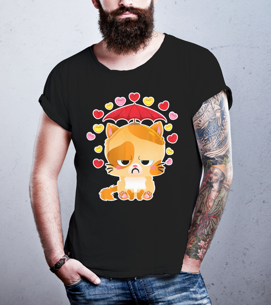 Sad Cat Under Umbrella With Raining Hearts Valentine's Day T-Shirt