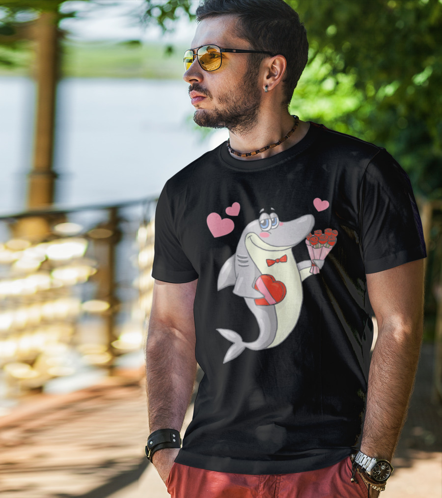 Shark Holding Heart Box And Bouquet With Hearts Valentine T-Shirt