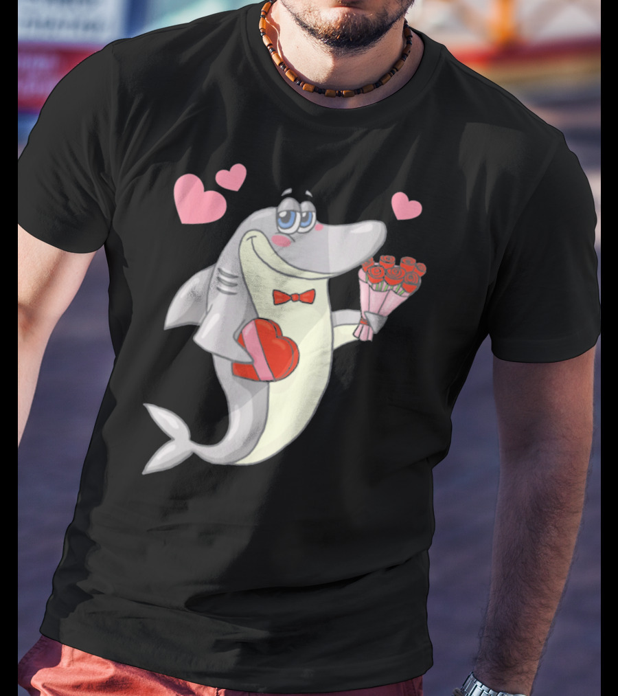 Shark Holding Heart Box And Bouquet With Hearts Valentine T-Shirt