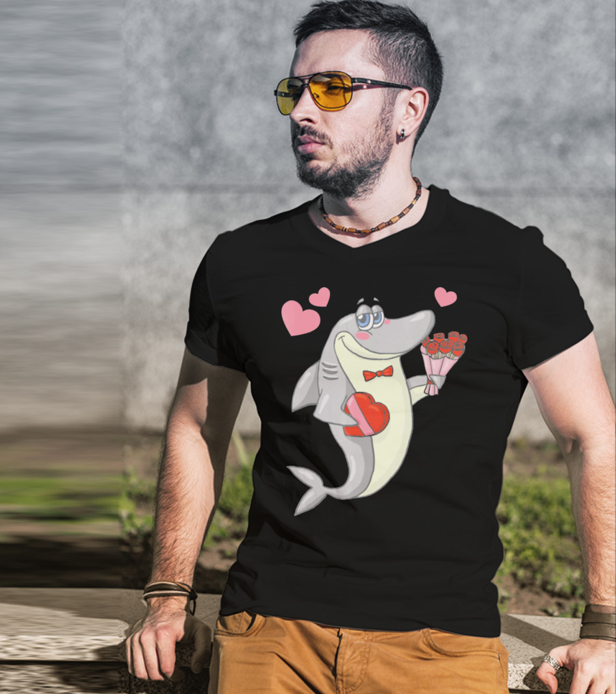 Shark Holding Heart Box And Bouquet With Hearts Valentine T-Shirt