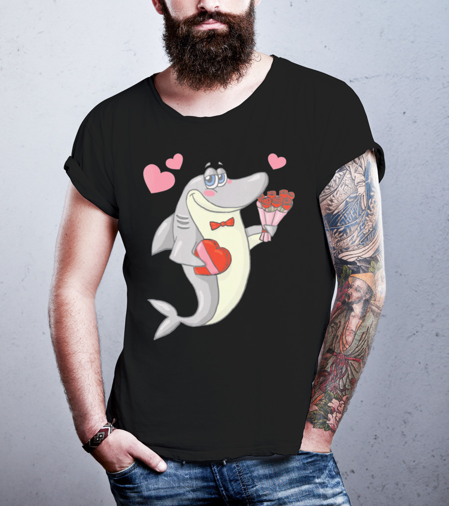 Shark Holding Heart Box And Bouquet With Hearts Valentine T-Shirt