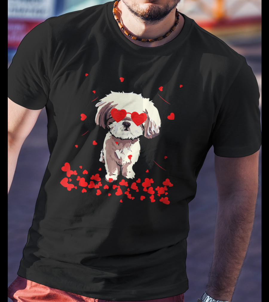 Shih Tzu Heart Valentines Day Dog With Heart Glasses Surrounded By Red Hearts T-Shirt
