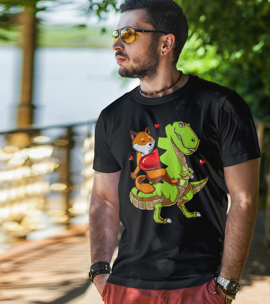 Shiba Inu Riding Green T-Rex Dinosaur With Red Hearts T-Shirt