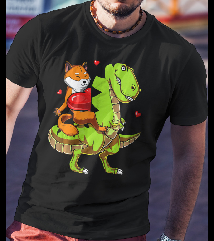 Shiba Inu Riding Green T-Rex Dinosaur With Red Hearts T-Shirt