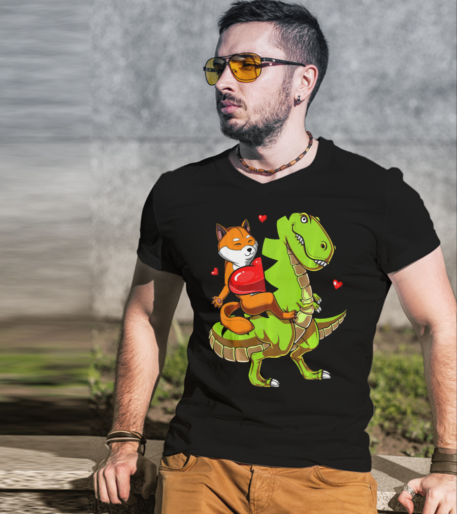 Shiba Inu Riding Green T-Rex Dinosaur With Red Hearts T-Shirt