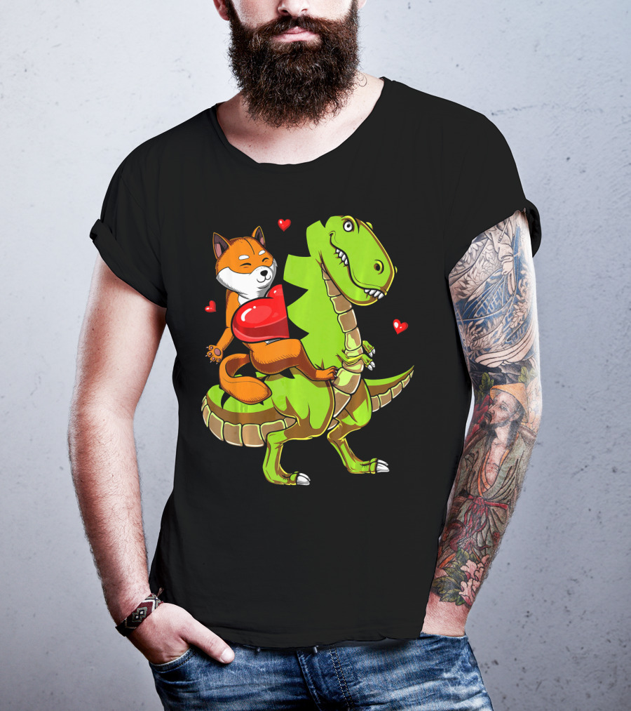 Shiba Inu Riding Green T-Rex Dinosaur With Red Hearts T-Shirt