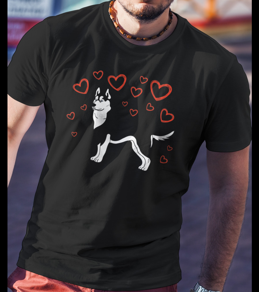 Siberian Husky Surrounded By Hearts Valentine Love LS T-Shirt