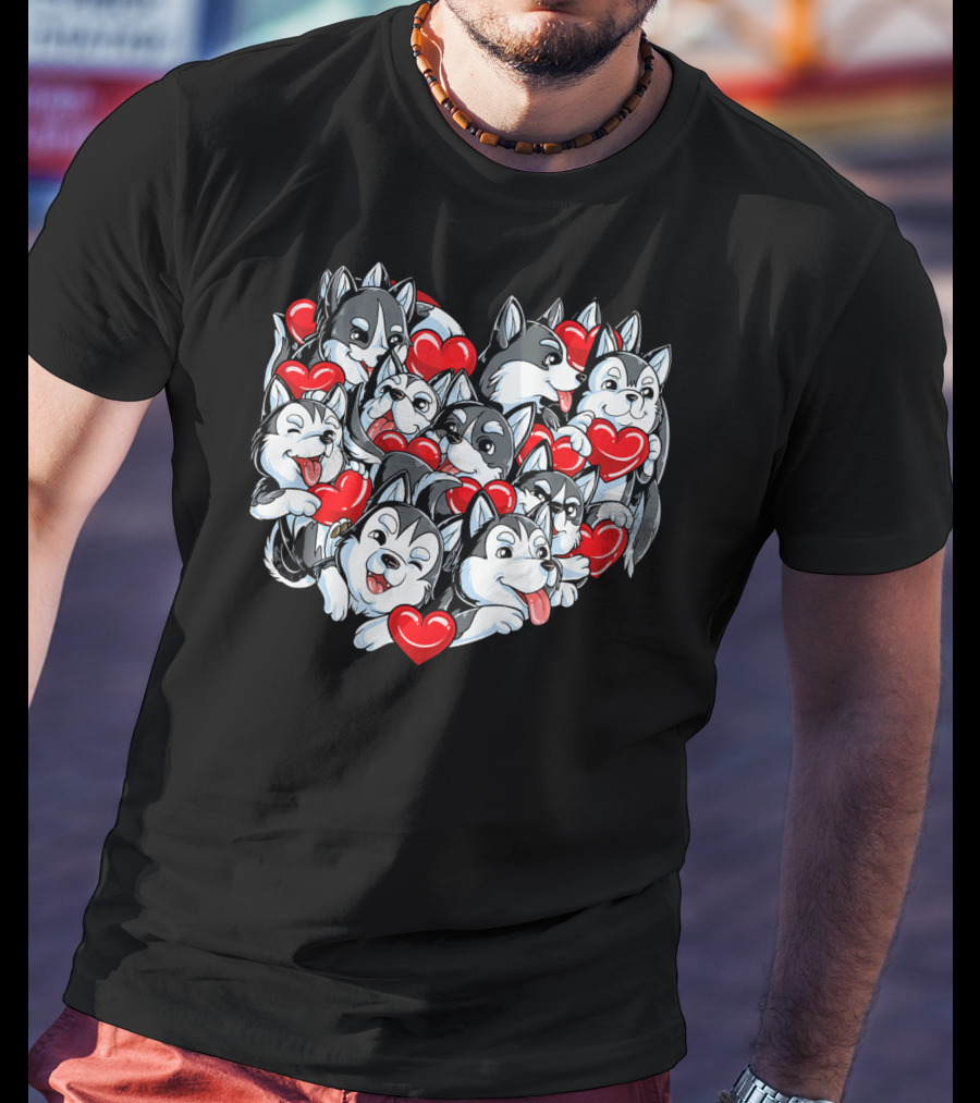 Siberian Husky Heart With Red Valentine Hearts T-Shirt