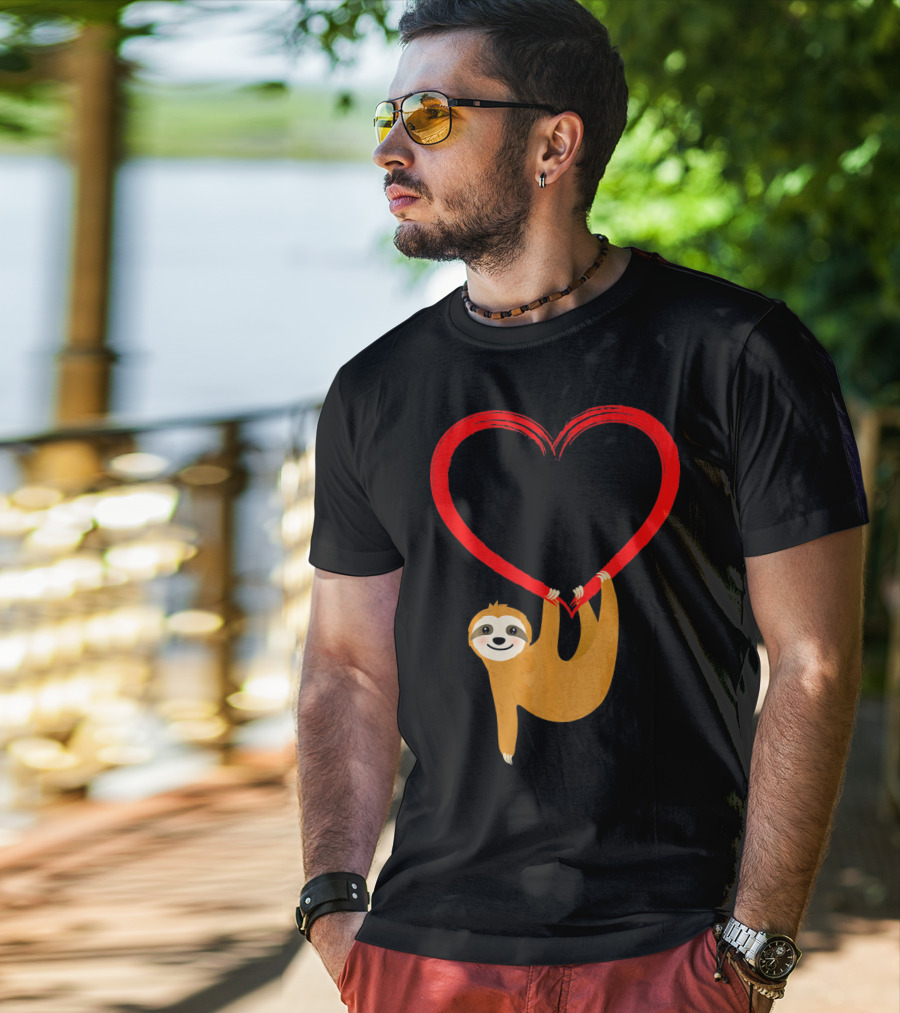 Valentines Day Sloth Hanging On Heart T-Shirt
