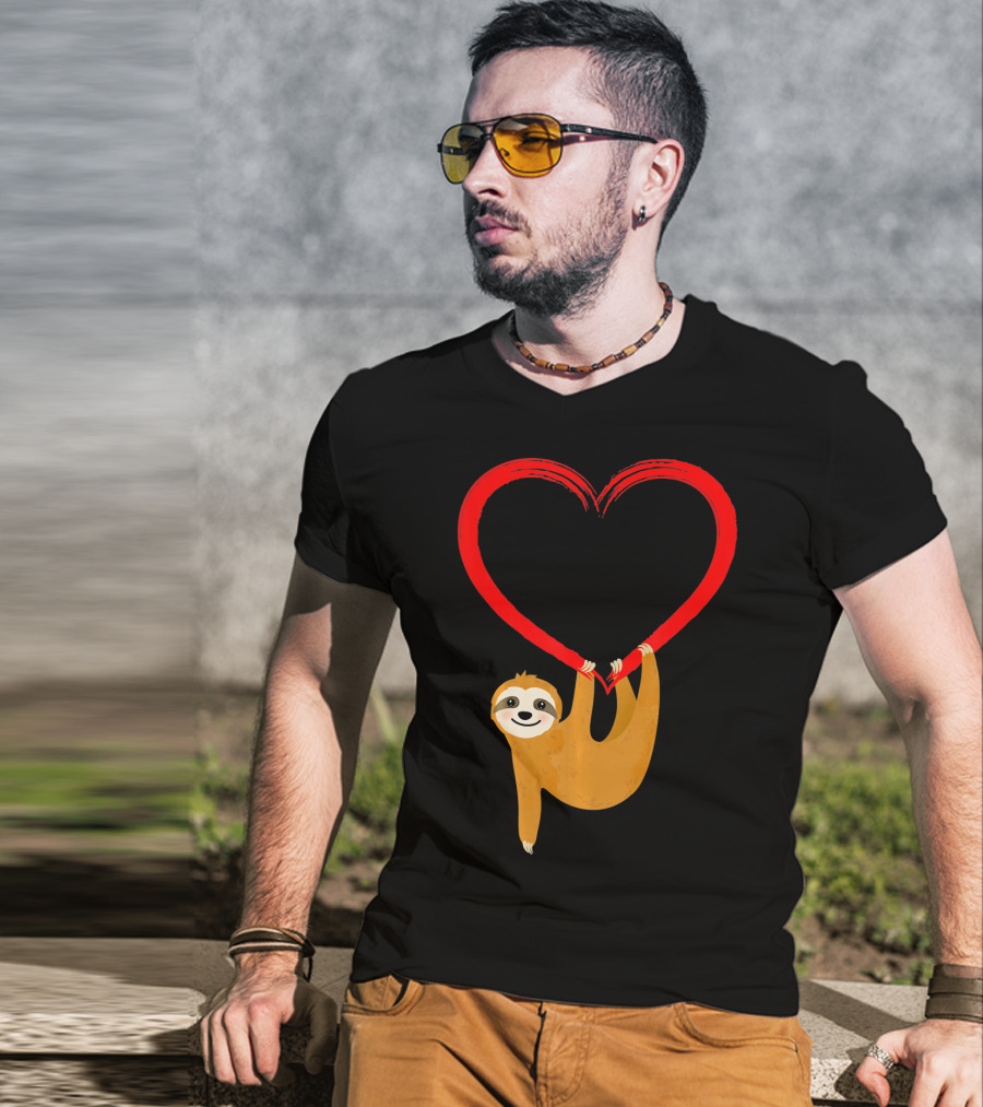 Valentines Day Sloth Hanging On Heart T-Shirt